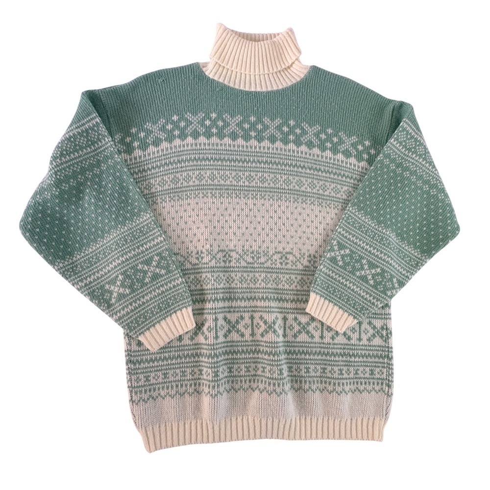 Carly Blake Vintage Fair Isle Turtleneck Sweater Cream Green Size M‎